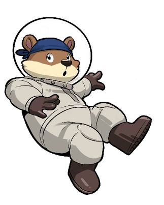 Sunny, the FURUM mascot, in a white spacesuit with shocked facial expression.
