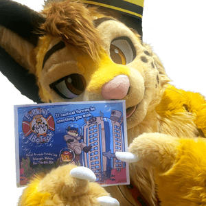 Image of Guest of Honor in his fursuit, while holding the FURUM 2024 postcard.